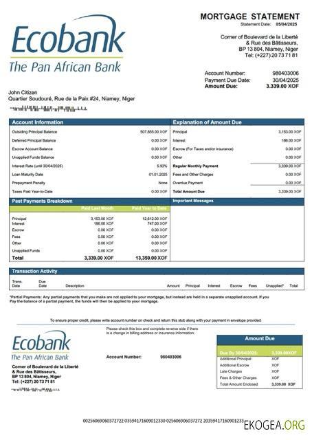 Modèle Word et PDF de relevé hypothécaire Ecobank du Niger